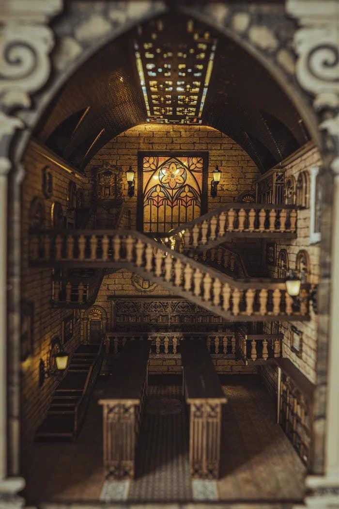 Enchanted Grand Hall Book Nook Kit: DIY Wooden Miniature Library with LED