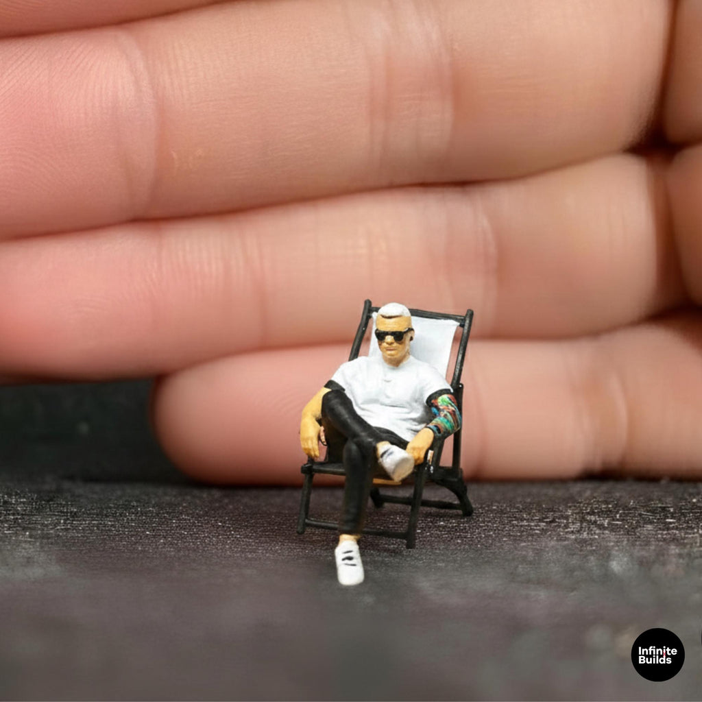 1:64 Miniature Seated Man Figure with Camping Chair | 12K Resin Model | Diorama Figure for Model Scene Display