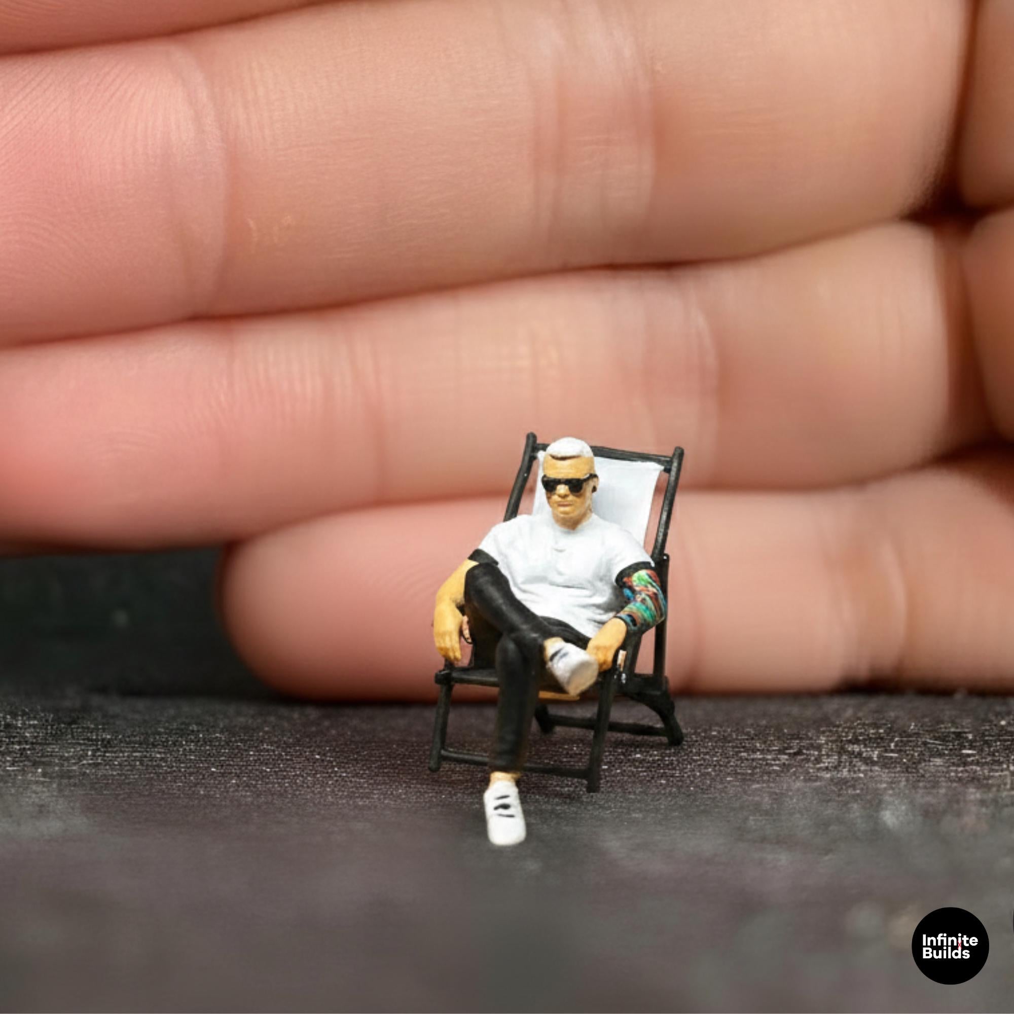 1:64 Miniature Seated Man Figure with Camping Chair | 12K Resin Model | Diorama Figure for Model Scene Display