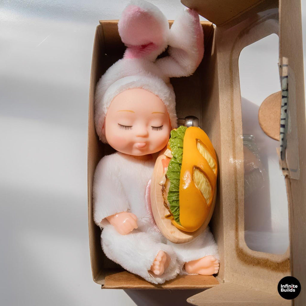 Gift Box Set | Mini Baby Bunny & Vietnamese Bread Charm | Handmade Figure | Desk Decor Keychain | Cute Food-Inspired Collectible