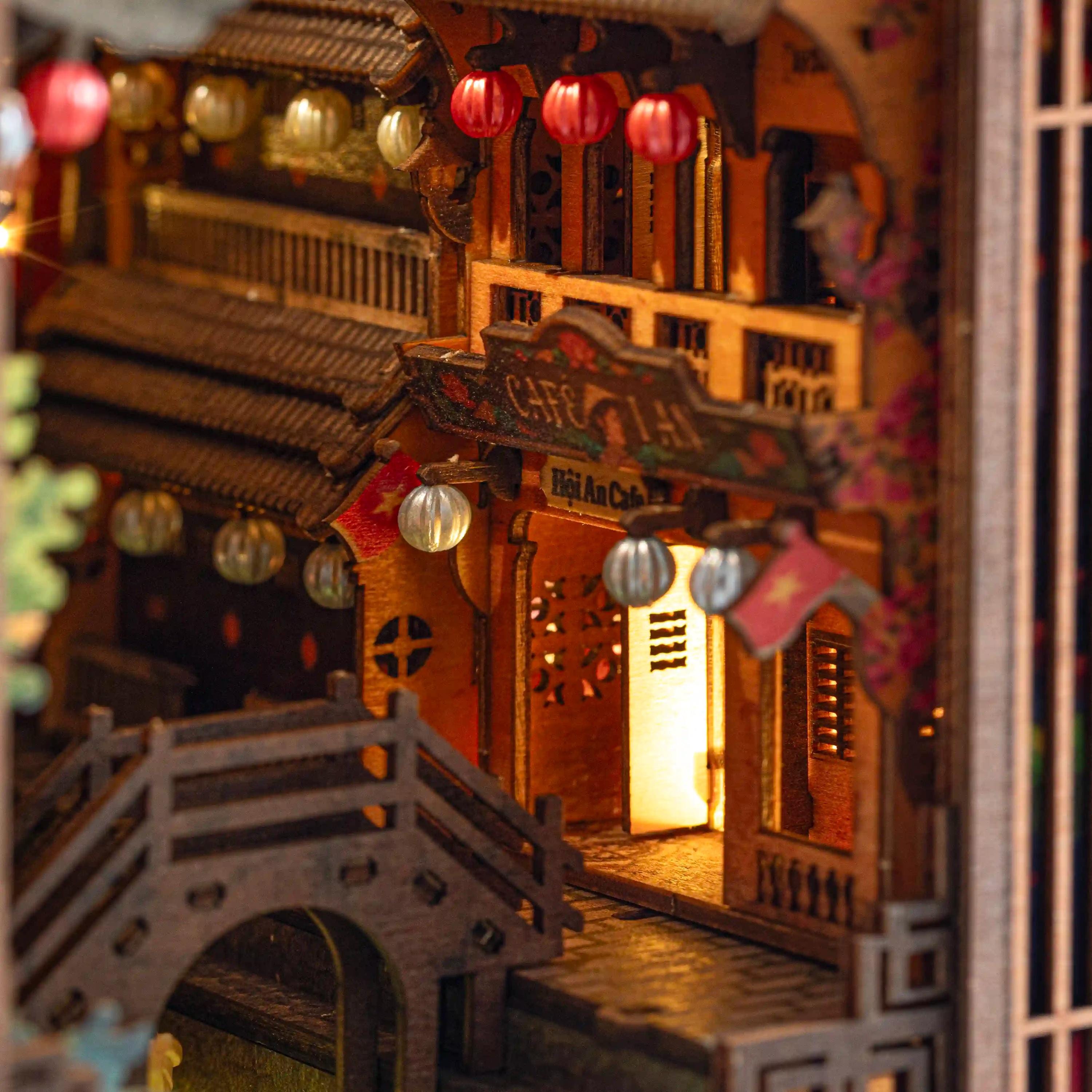 Hoi An Book Nook DIY Kit – Vietnamese Ancient Town Miniature, Wooden Bookshelf Insert with LED Light, Asian Diorama Craft Gift