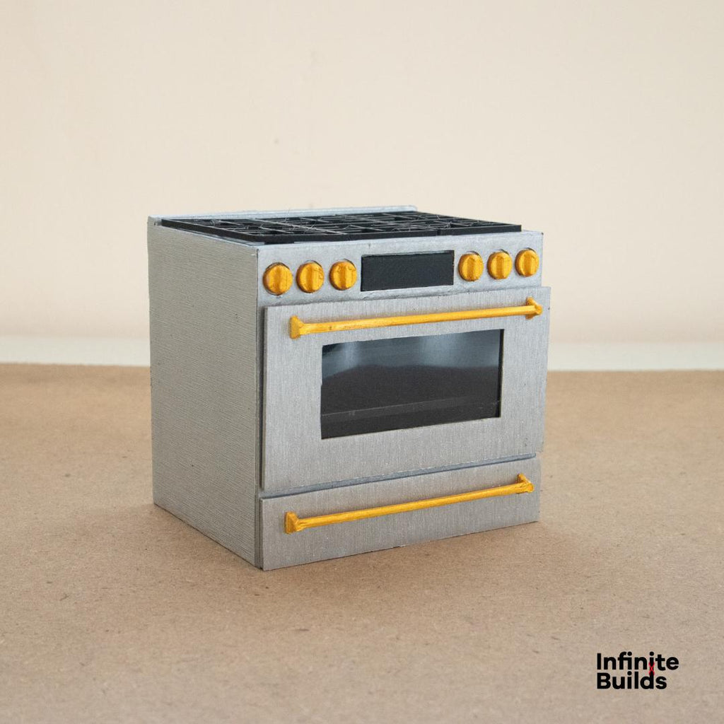 Miniature Café Smart Kitchen Range | Dollhouse Kitchen Stovetop and Oven | 1:12 Scale Model | Stainless Steel + Brushed Gold
