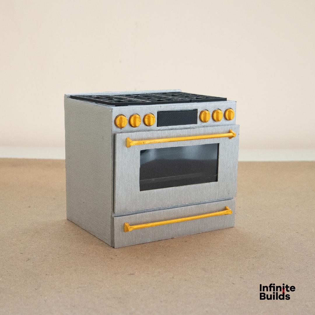 Miniature Café Smart Kitchen Range | Dollhouse Kitchen Stovetop and Oven | 1:12 Scale Model | Stainless Steel + Brushed Gold