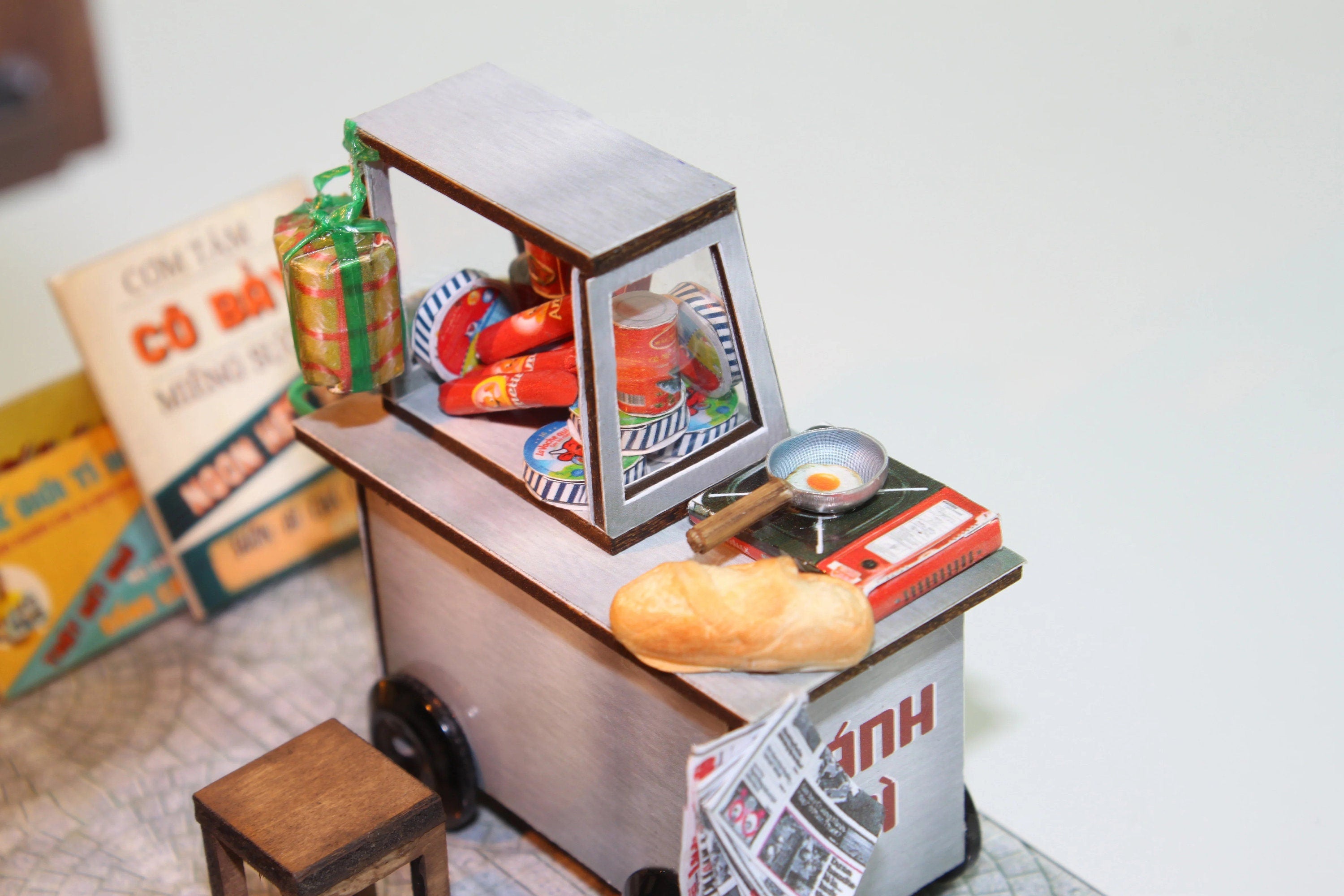 Combo Banh Mi Cart DIY Kit + Print Shop | 3D Wooden Puzzle | Travel Souvenir | Vietnam Collectible Set