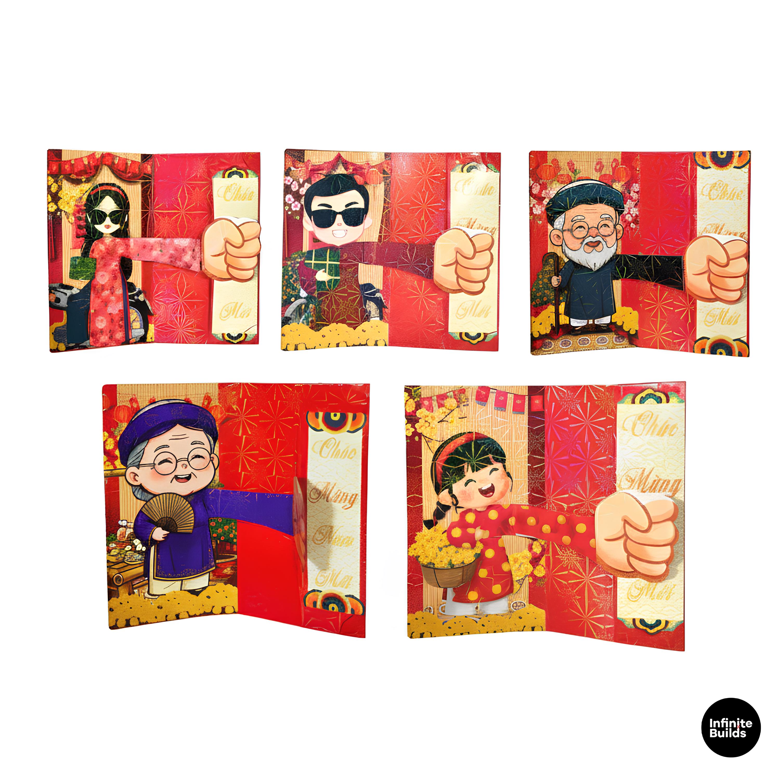 Assorted 3D Vietnamese Lucky Envelopes Set of 10 | Horizontal Open Style | Family Reunion Theme | Tet Red Packets 2026