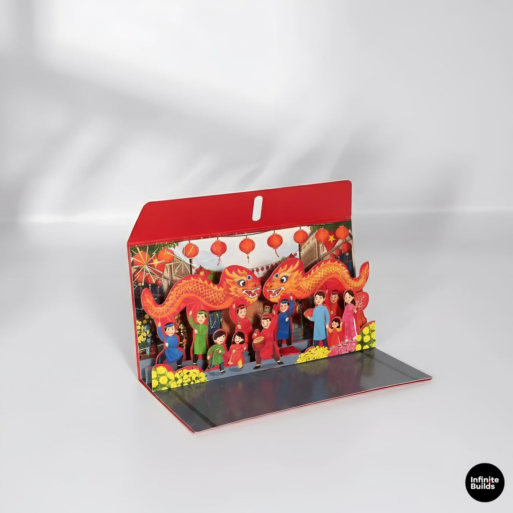 Assorted 3D Pop Up Red Envelopes Collection 2026 | Horizontal Wide Size | Vietnamese Tet Lucky Money | Mixed Family Scenes | Set of 5