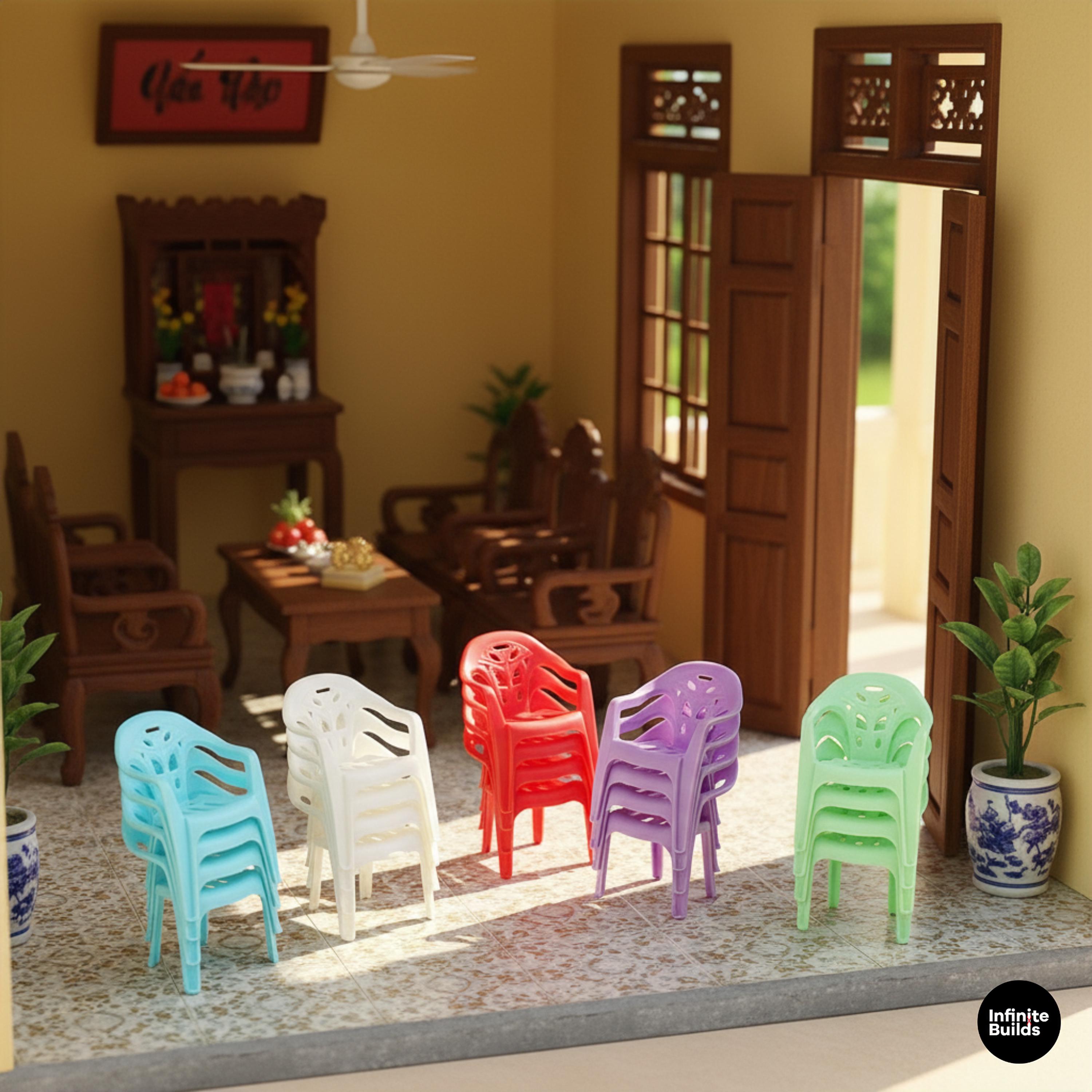 Miniature Vietnamese Plastic Chair Set of 2 | 1:12 Scale Dollhouse Furniture | Tiny Colorful Chairs for Diorama & Street Food Scene