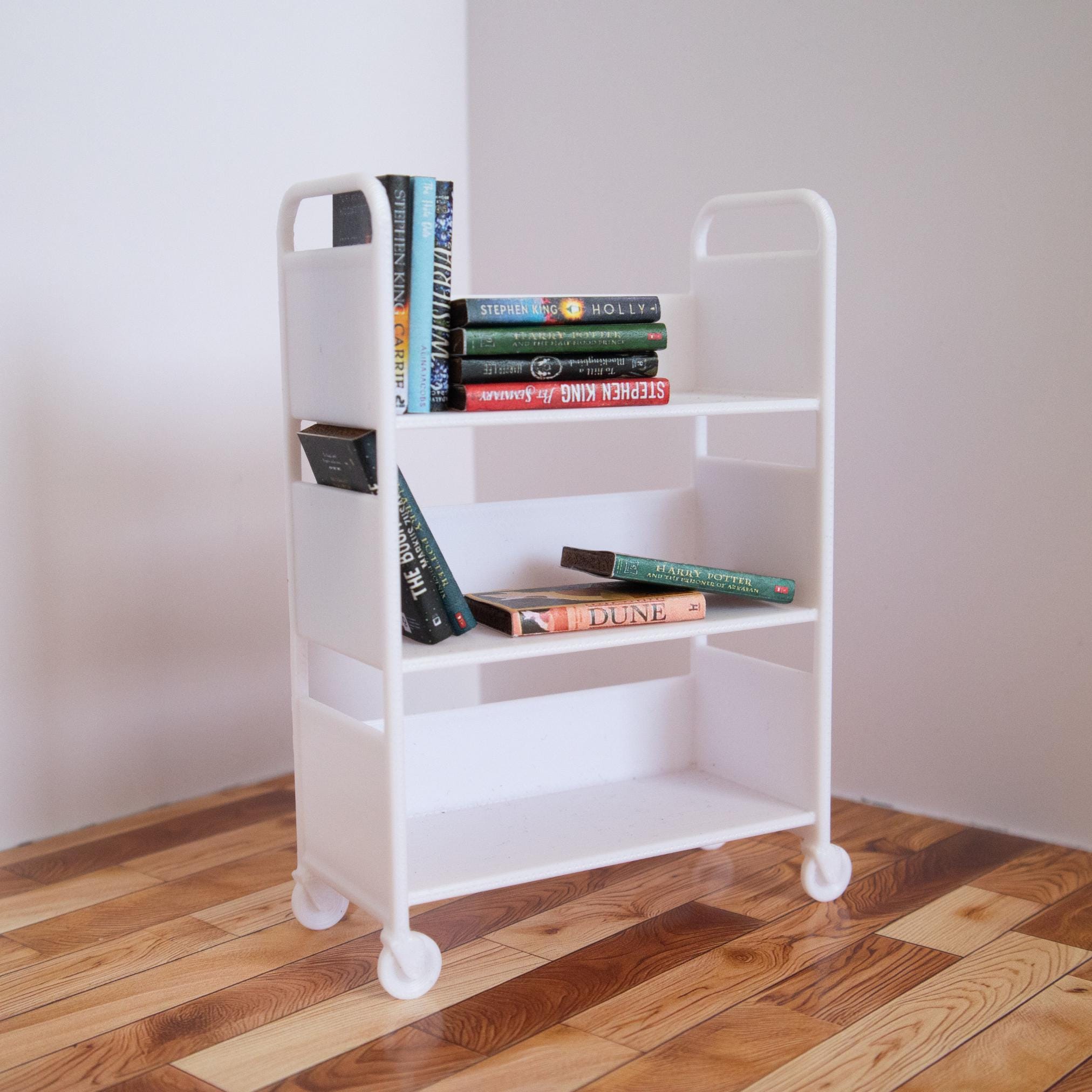 Miniature Library Cart - 3 Shelf Dollhouse Bookcase - 1:12 Scale (Set of 2)