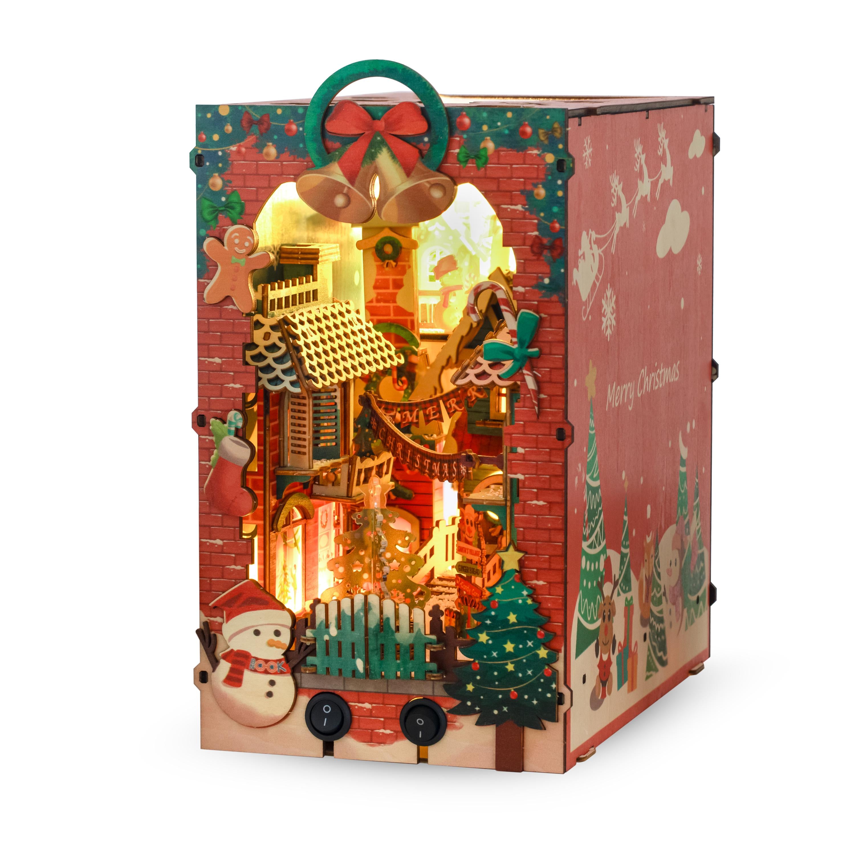 Christmas Night Book Nook | DIY Lighted Miniature Kit with Music & Moving Santa Sleigh | Holiday Bookshelf Decor Gift