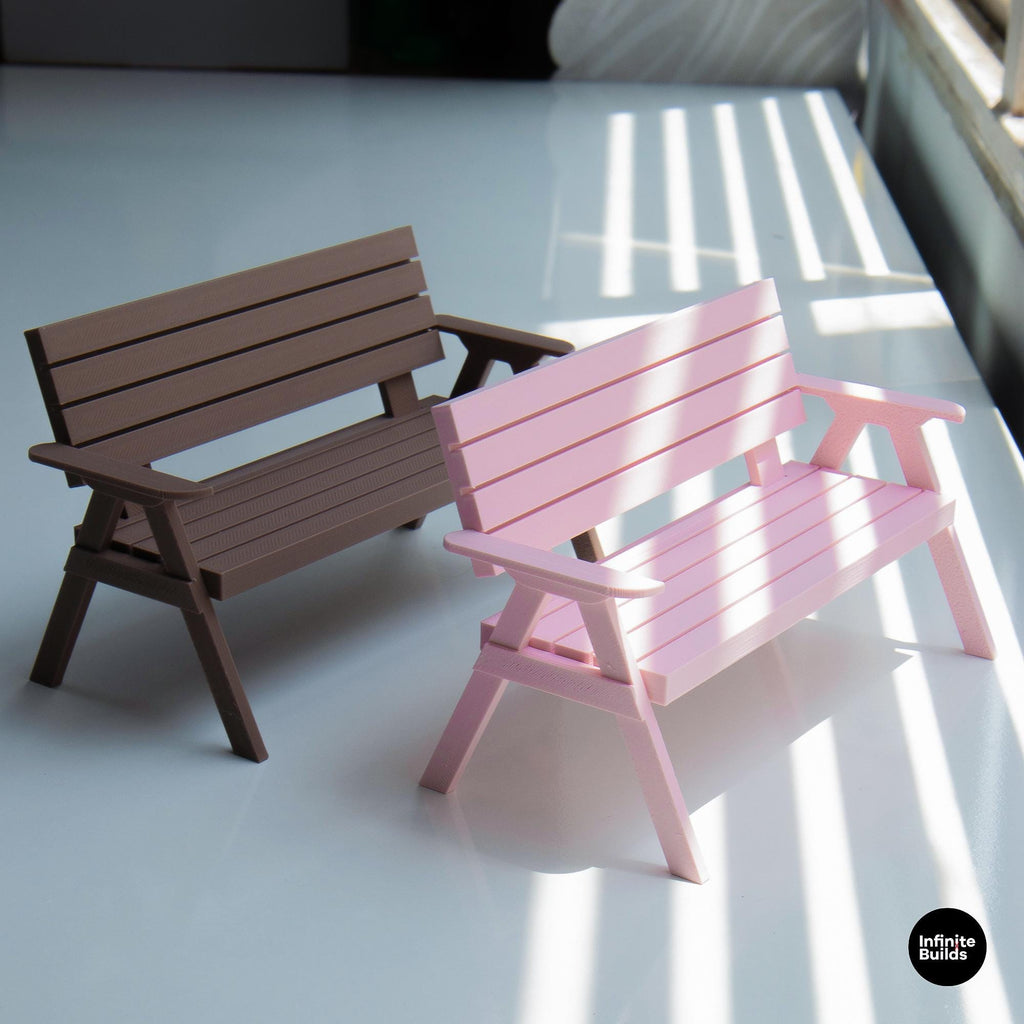 Miniature Bench for Dollhouse | 1:12 Scale Outdoor Garden Furniture | Pink & Brown Dollhouse Bench | Handmade 3D Printed Decor