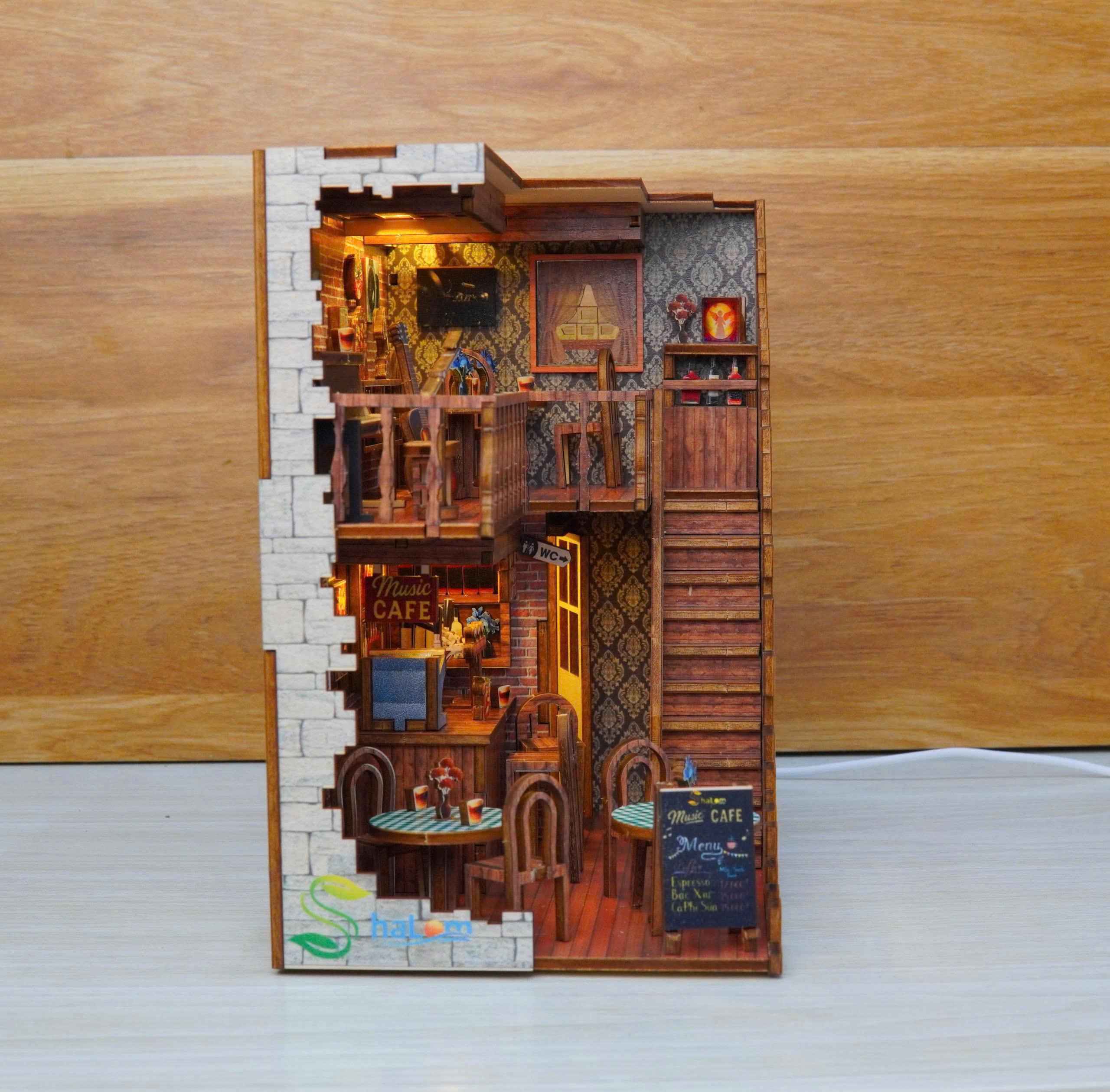 Halom Coffee Music DIY Book Nook | 1:24 Scale | Wooden Dollhouse Kit | LED Lighted Mini Room | Gift for DIY & Miniature Lovers