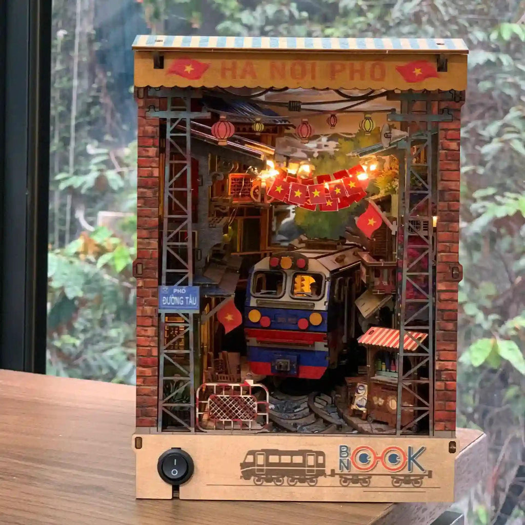Hanoi Train Street DIY Book Nook Kit | Vietnamese Street Scene Miniature with LED Lights | 3D Wooden Puzzle Diorama | Handmade Vietnam Gift