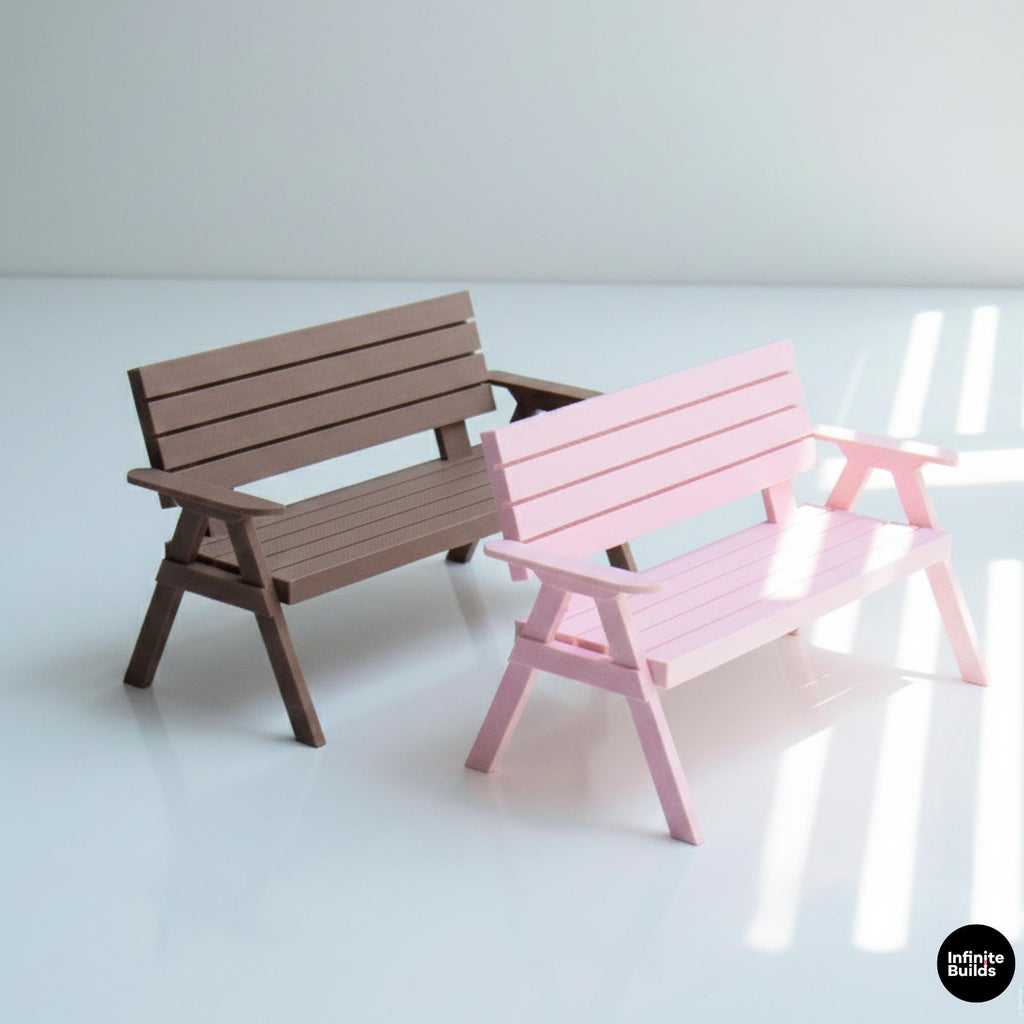 Miniature Bench for Dollhouse | 1:12 Scale Outdoor Garden Furniture | Pink & Brown Dollhouse Bench | Handmade 3D Printed Decor