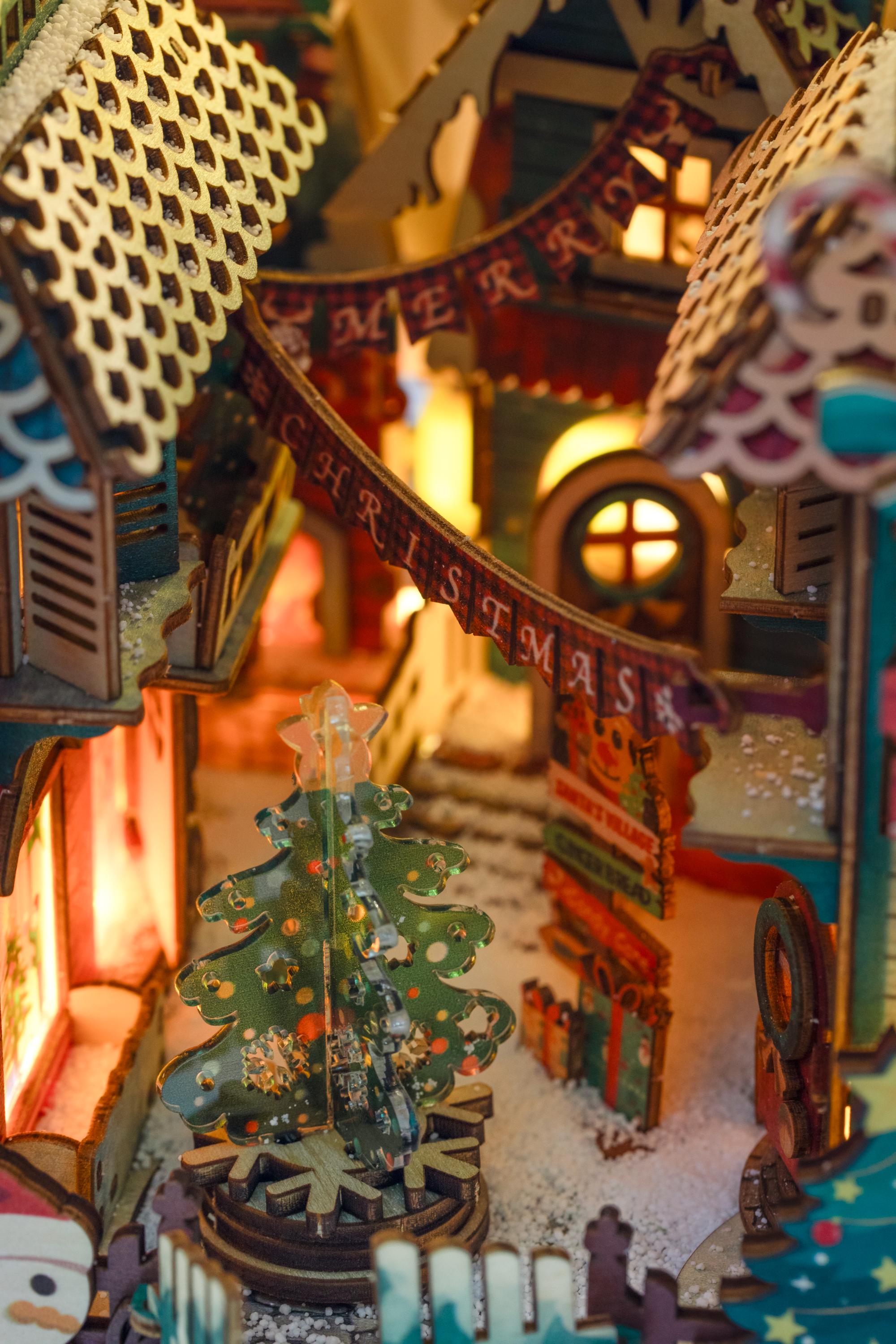 Christmas Night Book Nook | DIY Lighted Miniature Kit with Music & Moving Santa Sleigh | Holiday Bookshelf Decor Gift