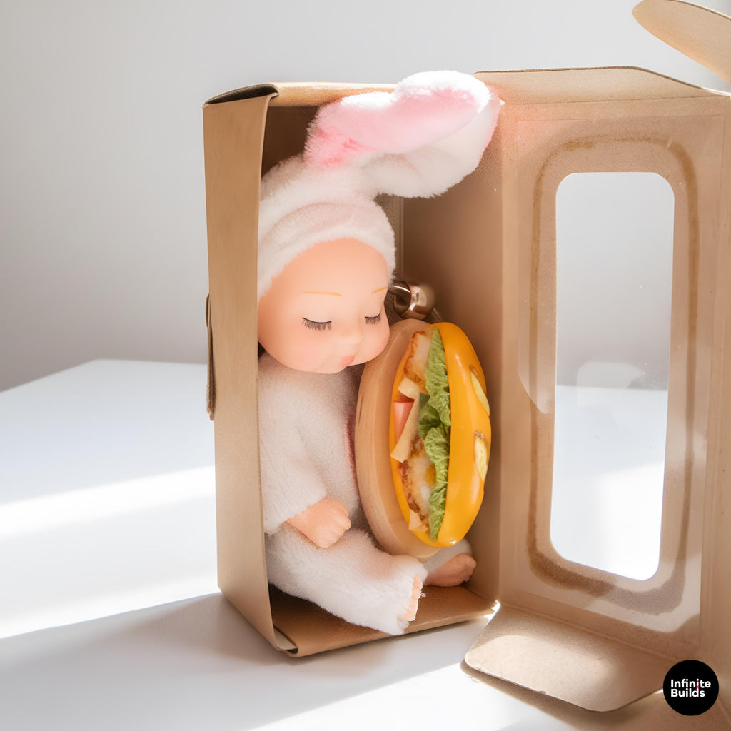 Gift Box Set | Mini Baby Bunny & Vietnamese Bread Charm | Handmade Figure | Desk Decor Keychain | Cute Food-Inspired Collectible