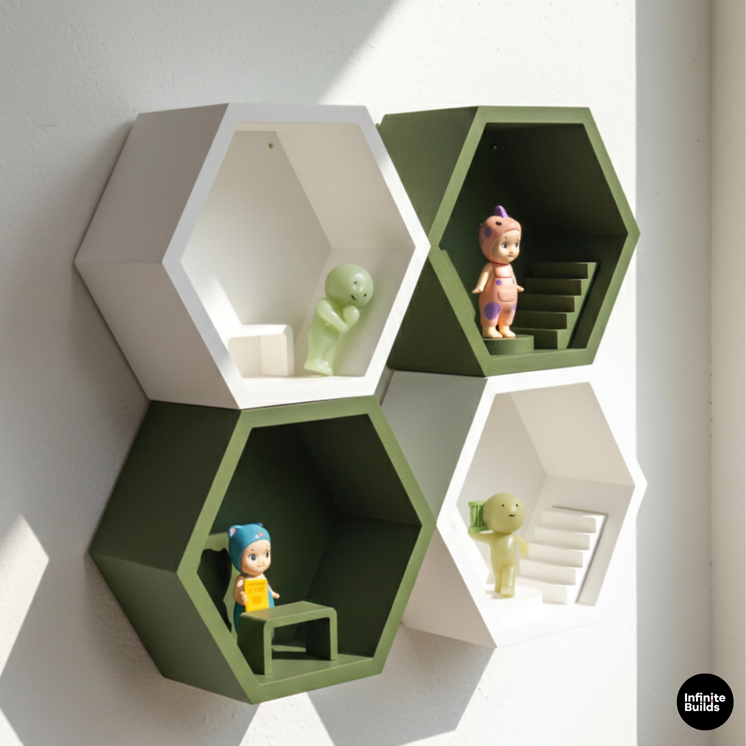 Hexagon Wall Shelf for Smiski & Sonny Angel | Modular Mini Figure Display with Stair or Table | Minimalist Wall Decor