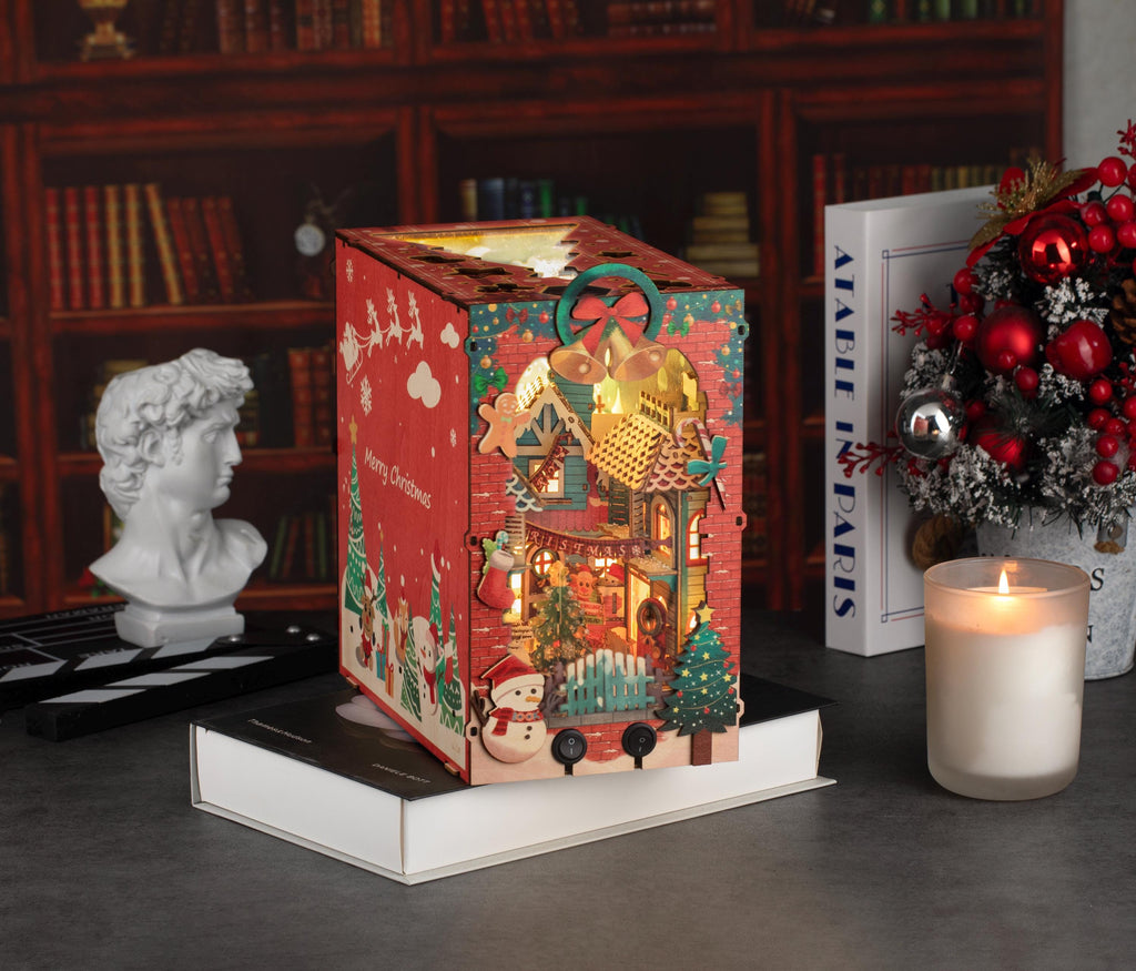 Christmas Night Book Nook | DIY Lighted Miniature Kit with Music & Moving Santa Sleigh | Holiday Bookshelf Decor Gift