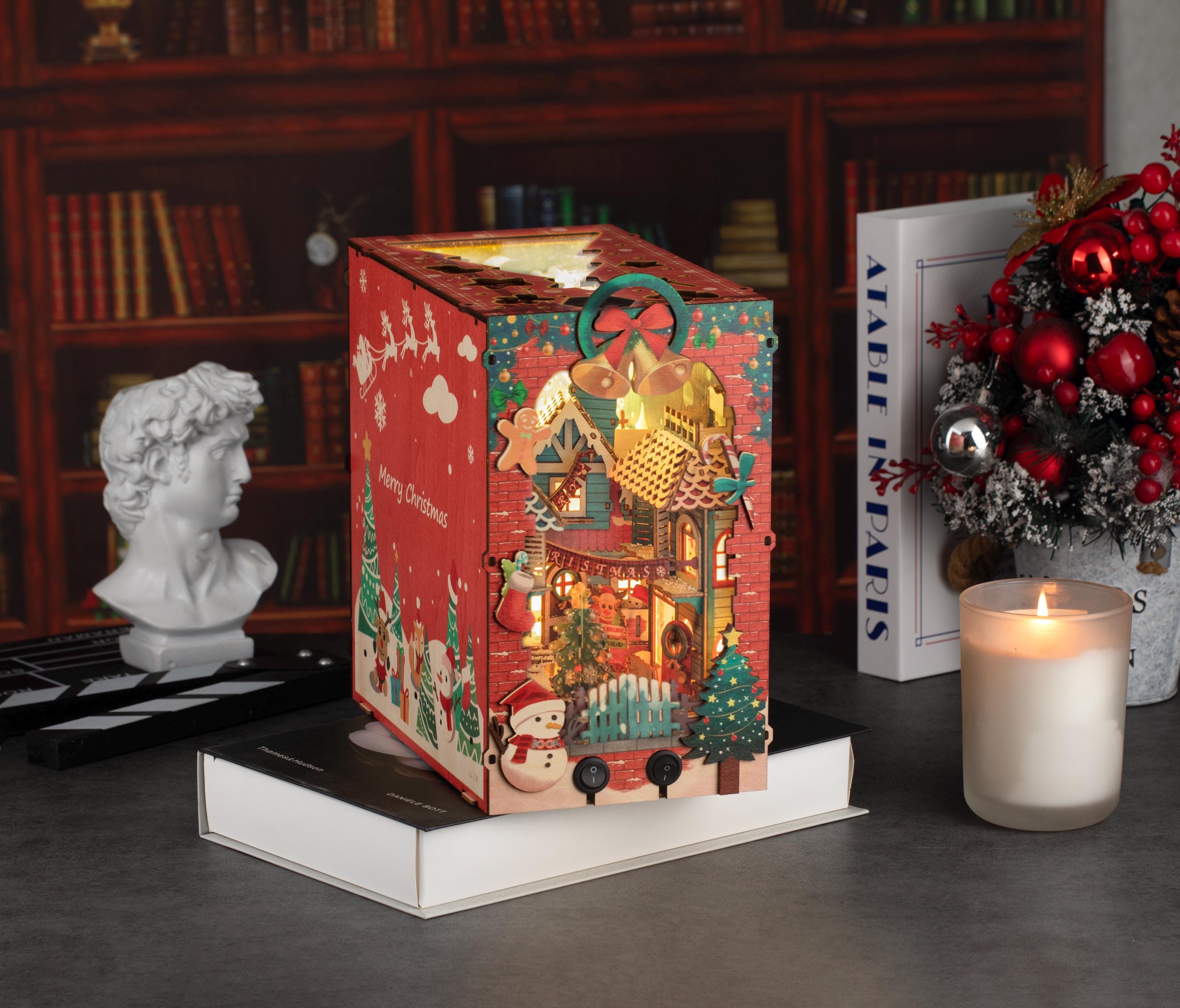 Christmas Night Book Nook | DIY Lighted Miniature Kit with Music & Moving Santa Sleigh | Holiday Bookshelf Decor Gift
