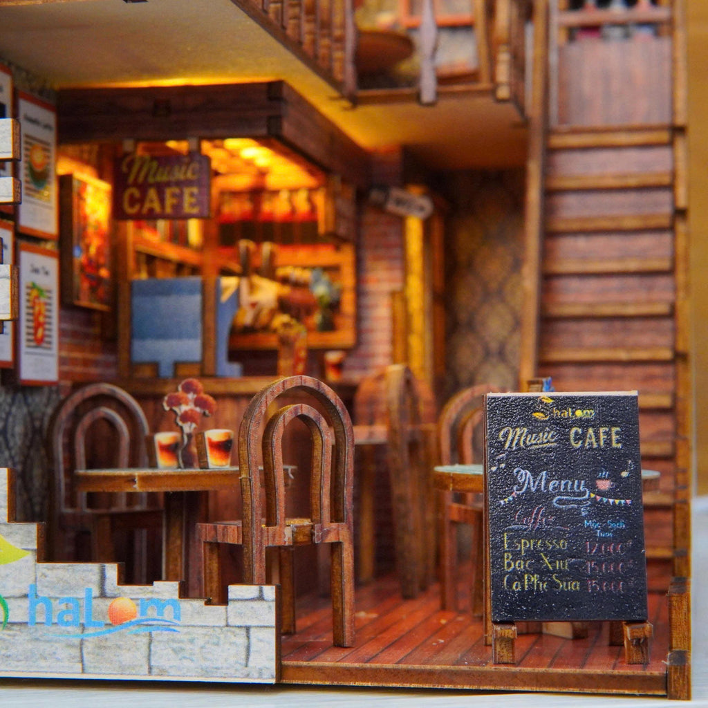Halom Coffee Music DIY Book Nook | 1:24 Scale | Wooden Dollhouse Kit | LED Lighted Mini Room | Gift for DIY & Miniature Lovers