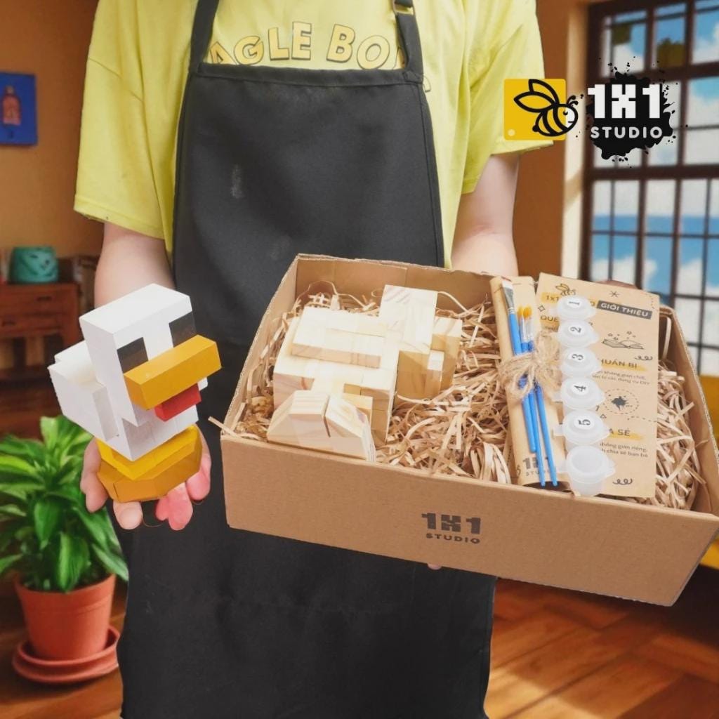 Minecraft Wooden Chicken Model & DIY Painting Kit | Handmade Pixel Art Wood Toy, Collectible Gift, Kids Craft Activity