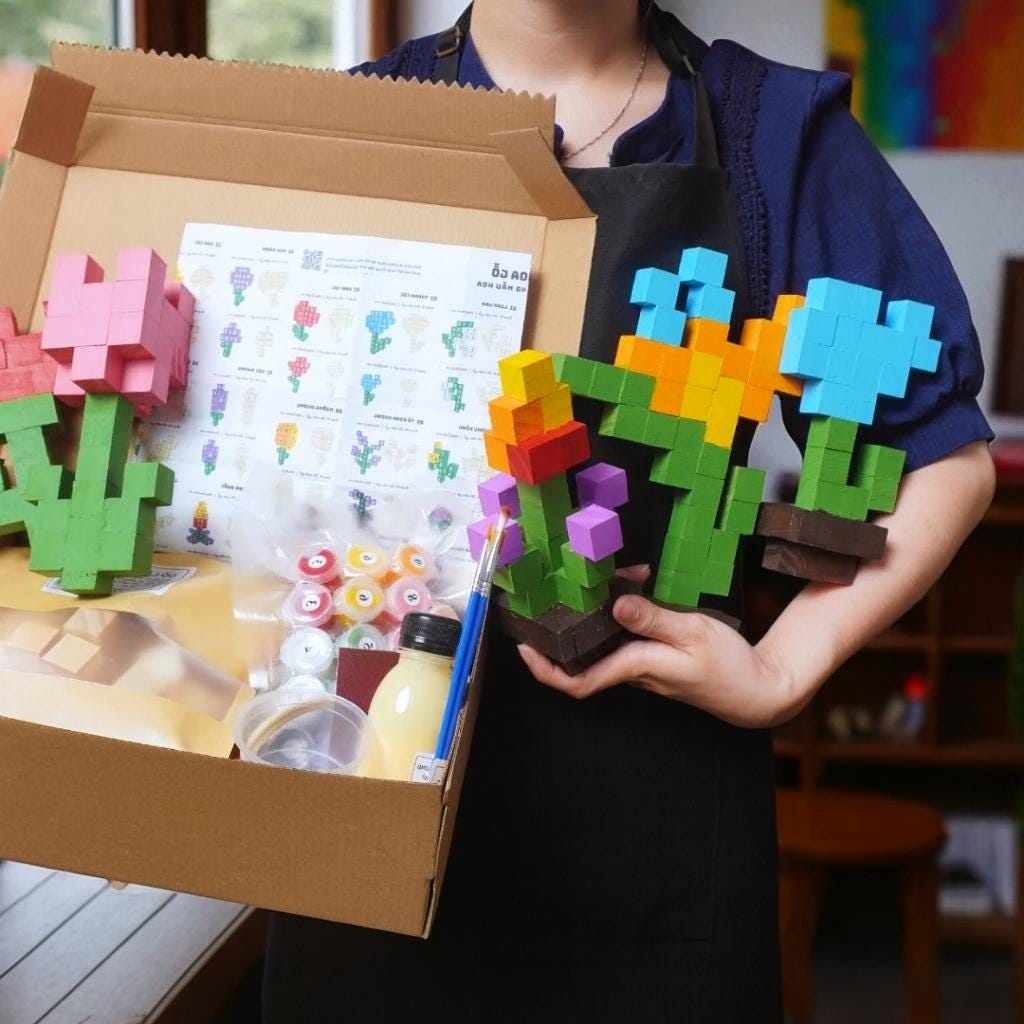 DIY Wooden Flower Kit Minecraft Style | Build & Paint STEAM Toy | Handmade Craft Kit with Acrylic Paints Instructions
