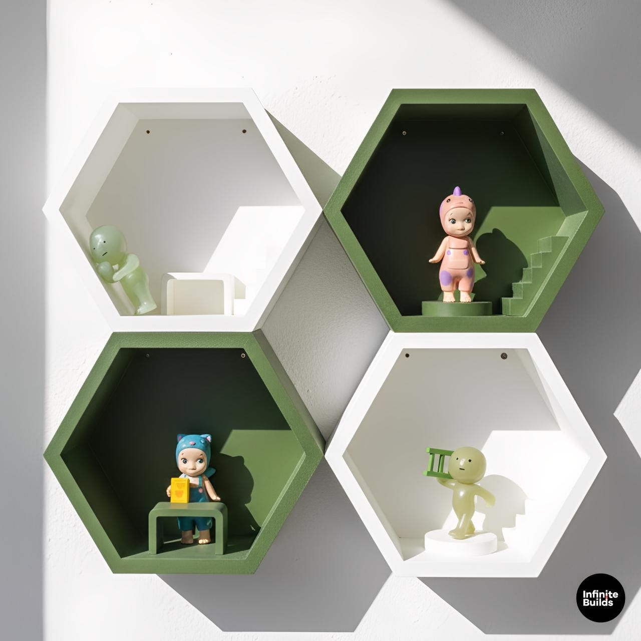Hexagon Wall Shelf for Smiski & Sonny Angel | Modular Mini Figure Display with Stair or Table | Minimalist Wall Decor