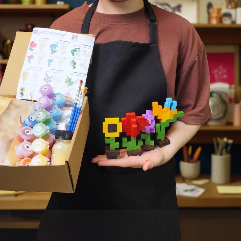 DIY Wooden Flower Kit Minecraft Style | Build & Paint STEAM Toy | Handmade Craft Kit with Acrylic Paints Instructions