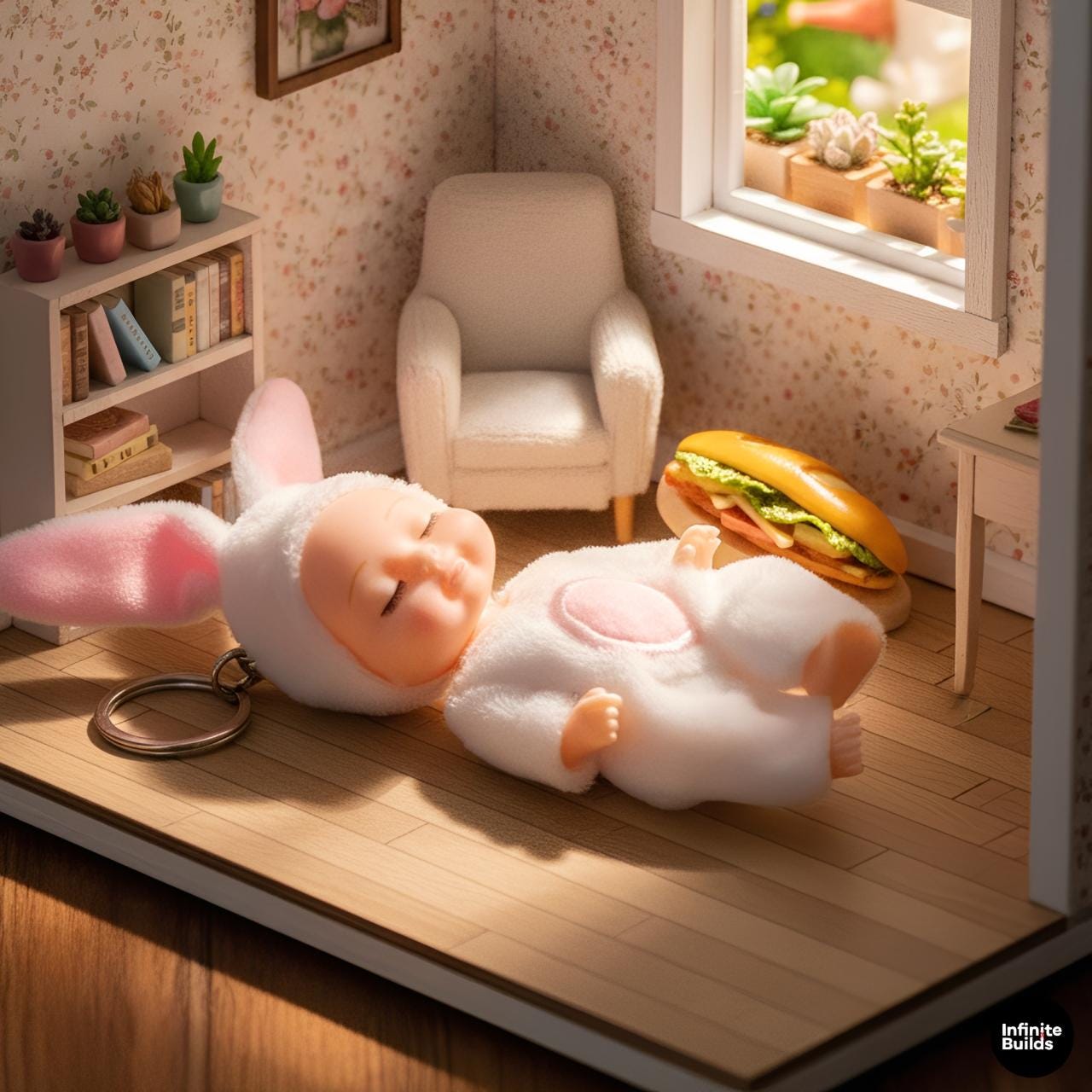 Gift Box Set | Mini Baby Bunny & Vietnamese Bread Charm | Handmade Figure | Desk Decor Keychain | Cute Food-Inspired Collectible