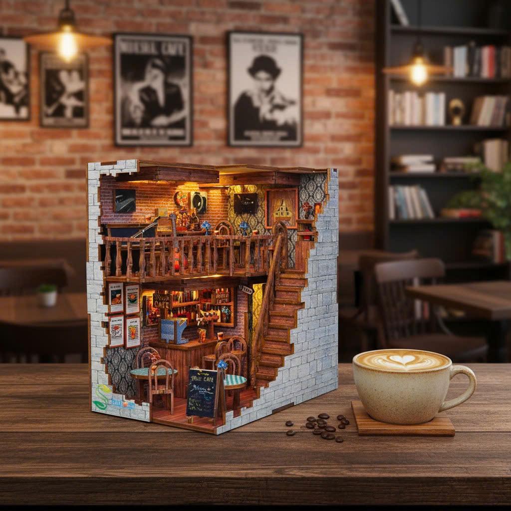 Halom Coffee Music DIY Book Nook | 1:24 Scale | Wooden Dollhouse Kit | LED Lighted Mini Room | Gift for DIY & Miniature Lovers