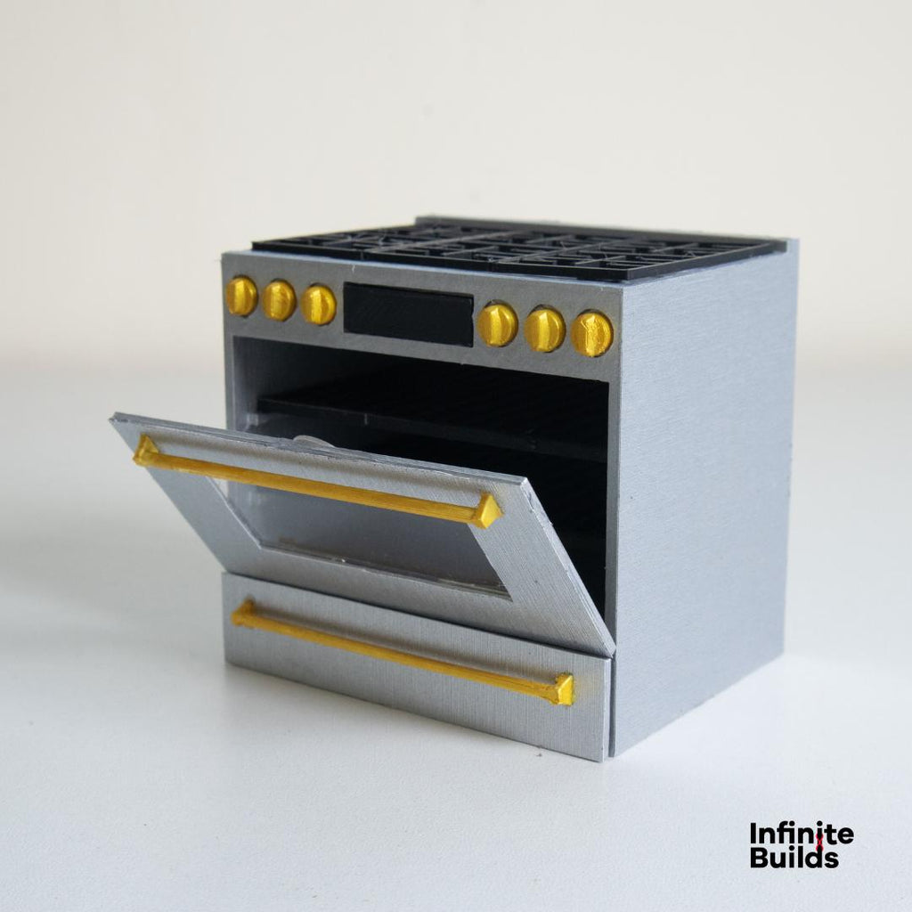 Miniature Café Smart Kitchen Range | Dollhouse Kitchen Stovetop and Oven | 1:12 Scale Model | Stainless Steel + Brushed Gold