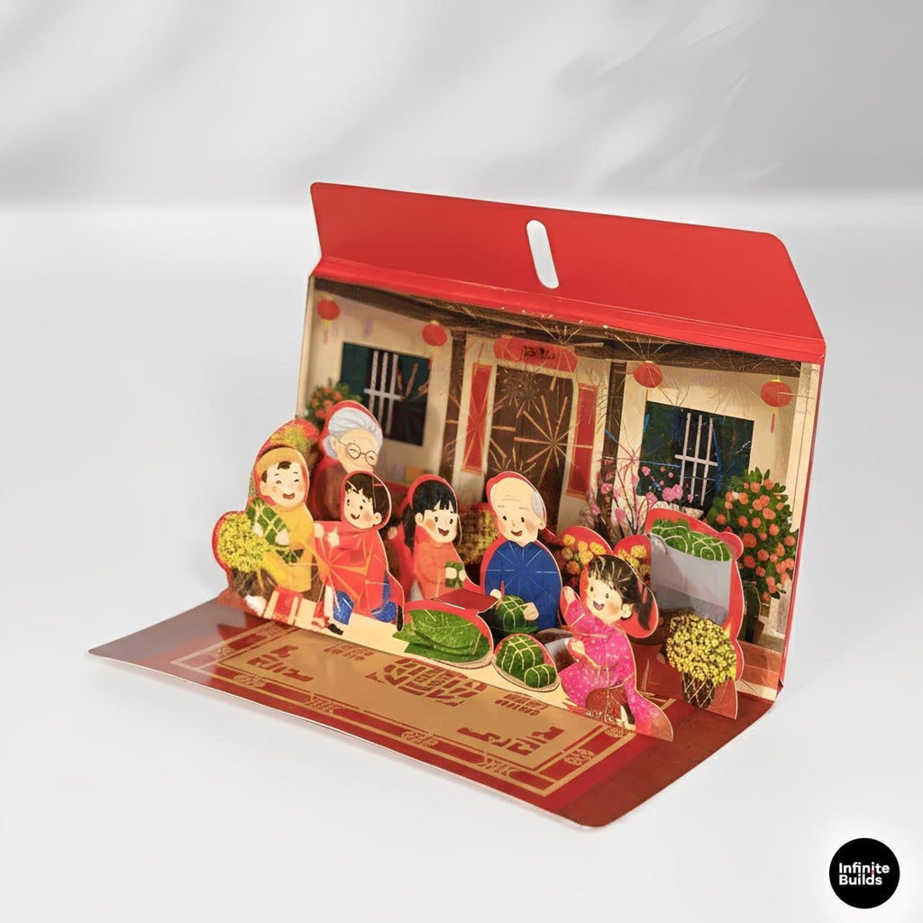 Assorted 3D Pop Up Red Envelopes Collection 2026 | Horizontal Wide Size | Vietnamese Tet Lucky Money | Mixed Family Scenes | Set of 5