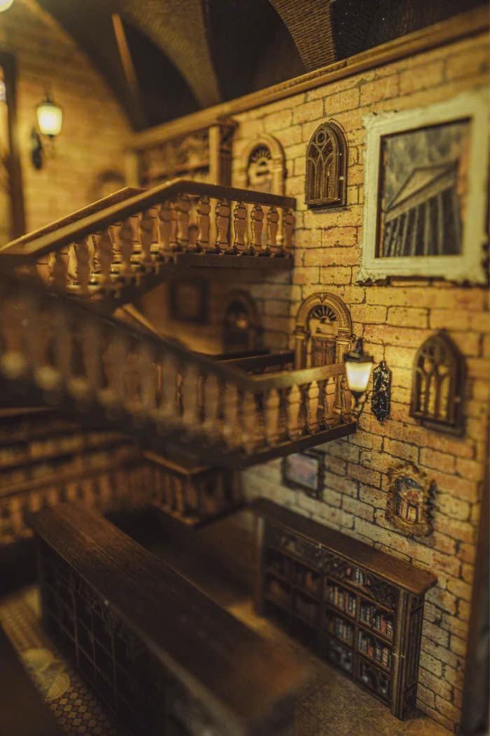 Enchanted Grand Hall Book Nook Kit: DIY Wooden Miniature Library with LED