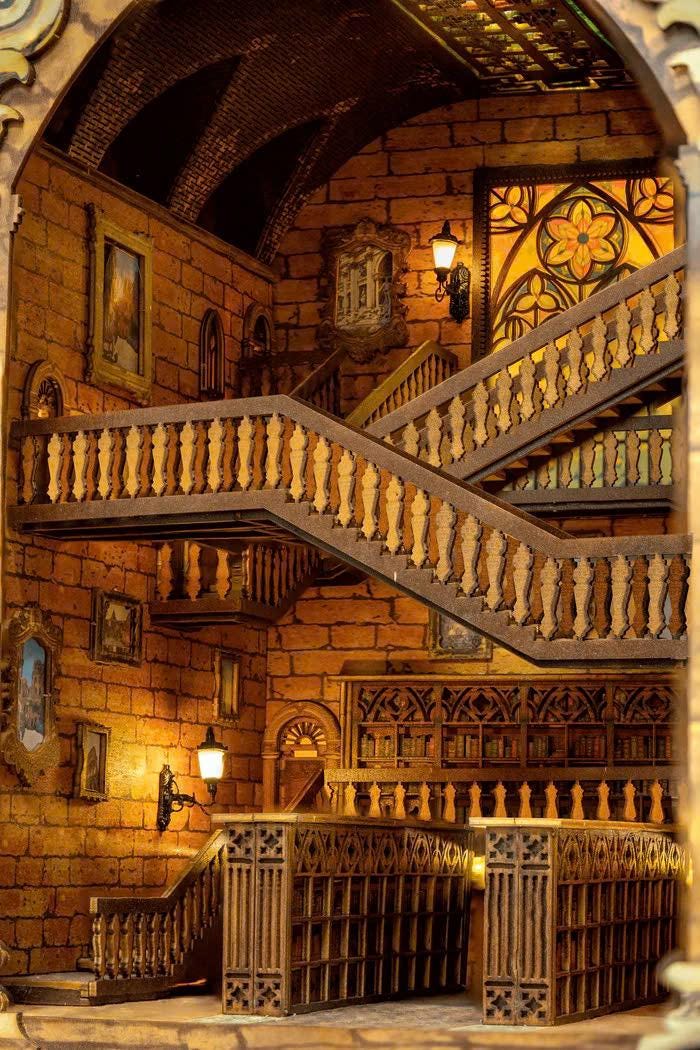 Enchanted Grand Hall Book Nook Kit: DIY Wooden Miniature Library with LED