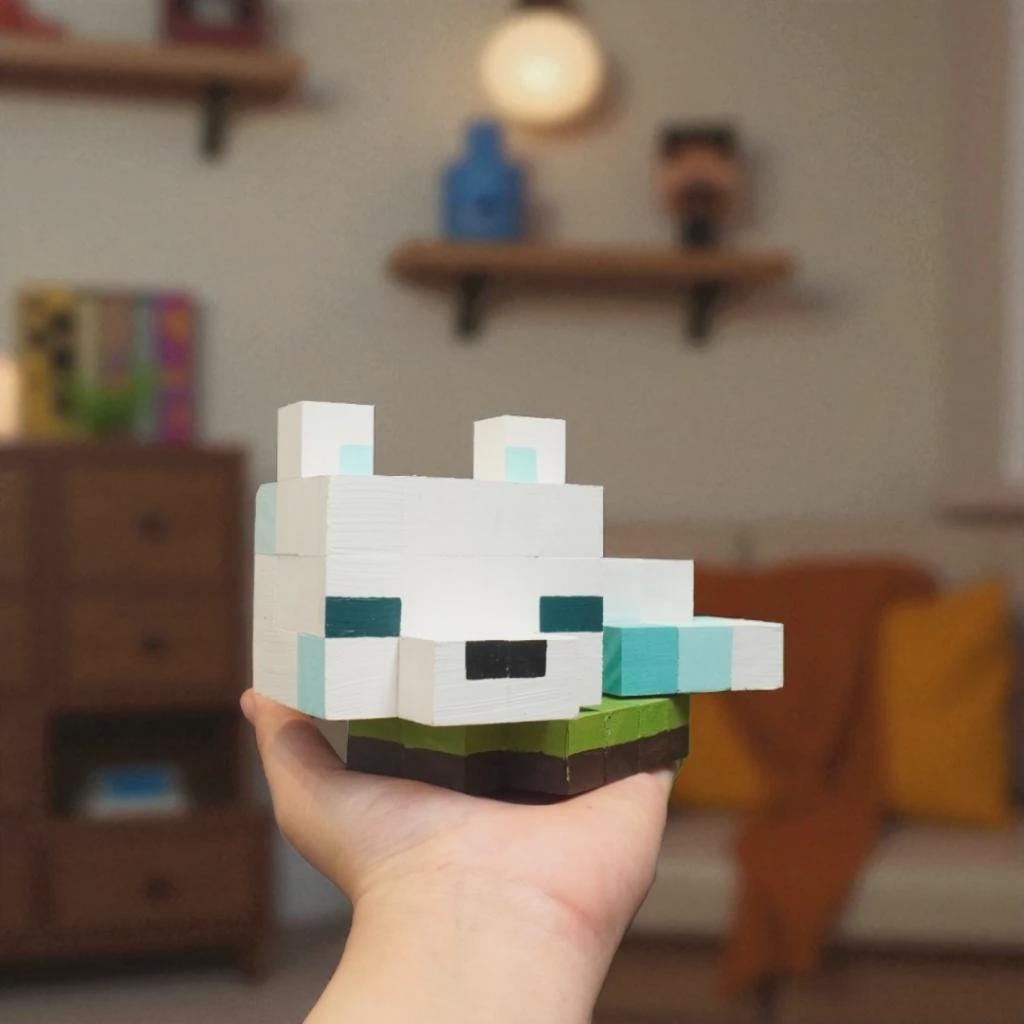 Minecraft Wooden Snow Fox Model & DIY Painting Kit | Handmade Natural Wood Toy, Collectible Gift for Gamers Kids