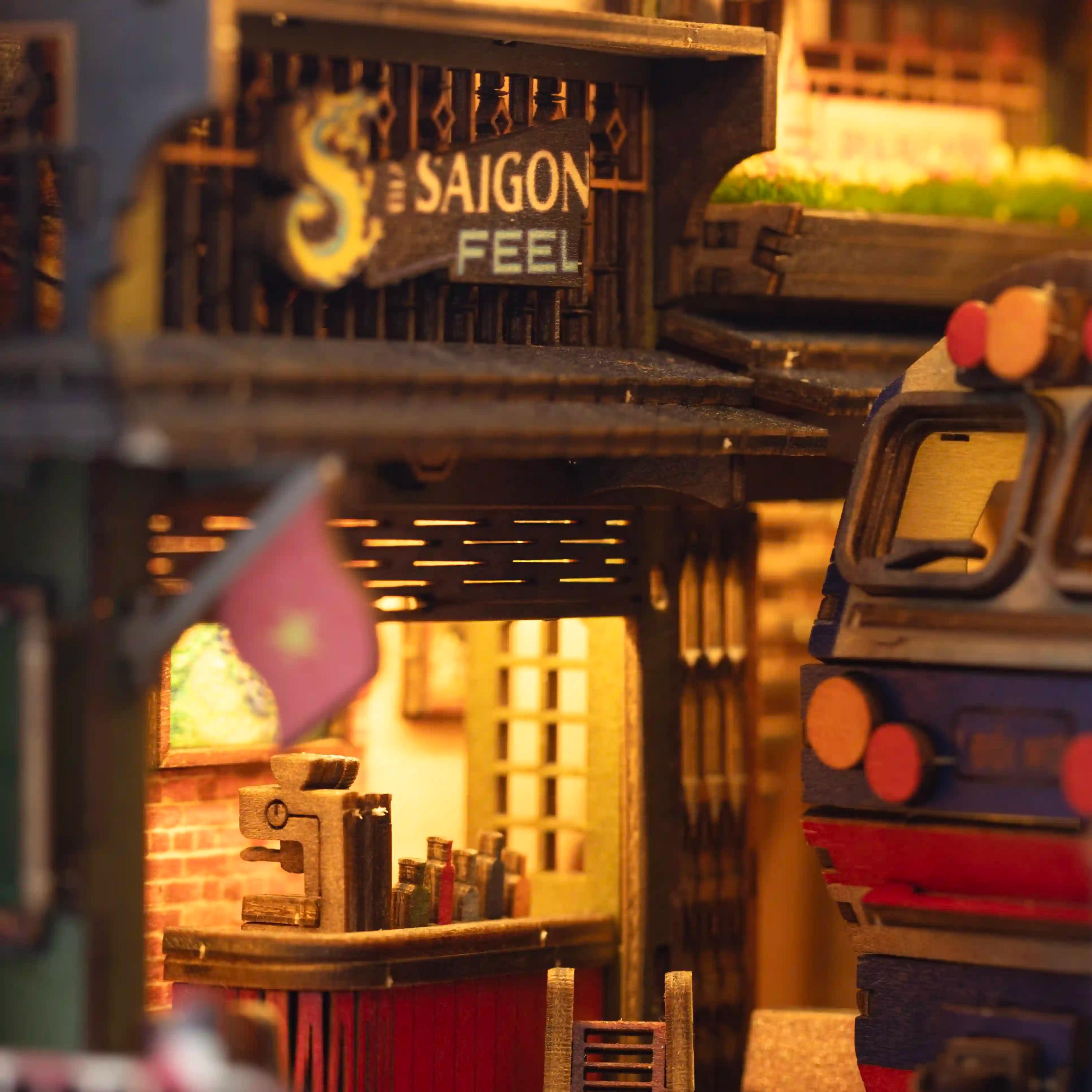 Hanoi Train Street DIY Book Nook Kit | Vietnamese Street Scene Miniature with LED Lights | 3D Wooden Puzzle Diorama | Handmade Vietnam Gift