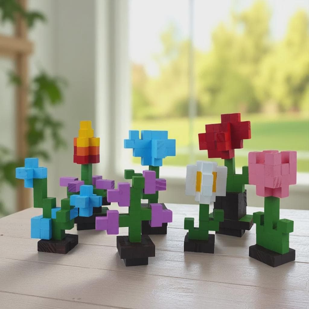 DIY Wooden Flower Kit Minecraft Style | Build & Paint STEAM Toy | Handmade Craft Kit with Acrylic Paints Instructions