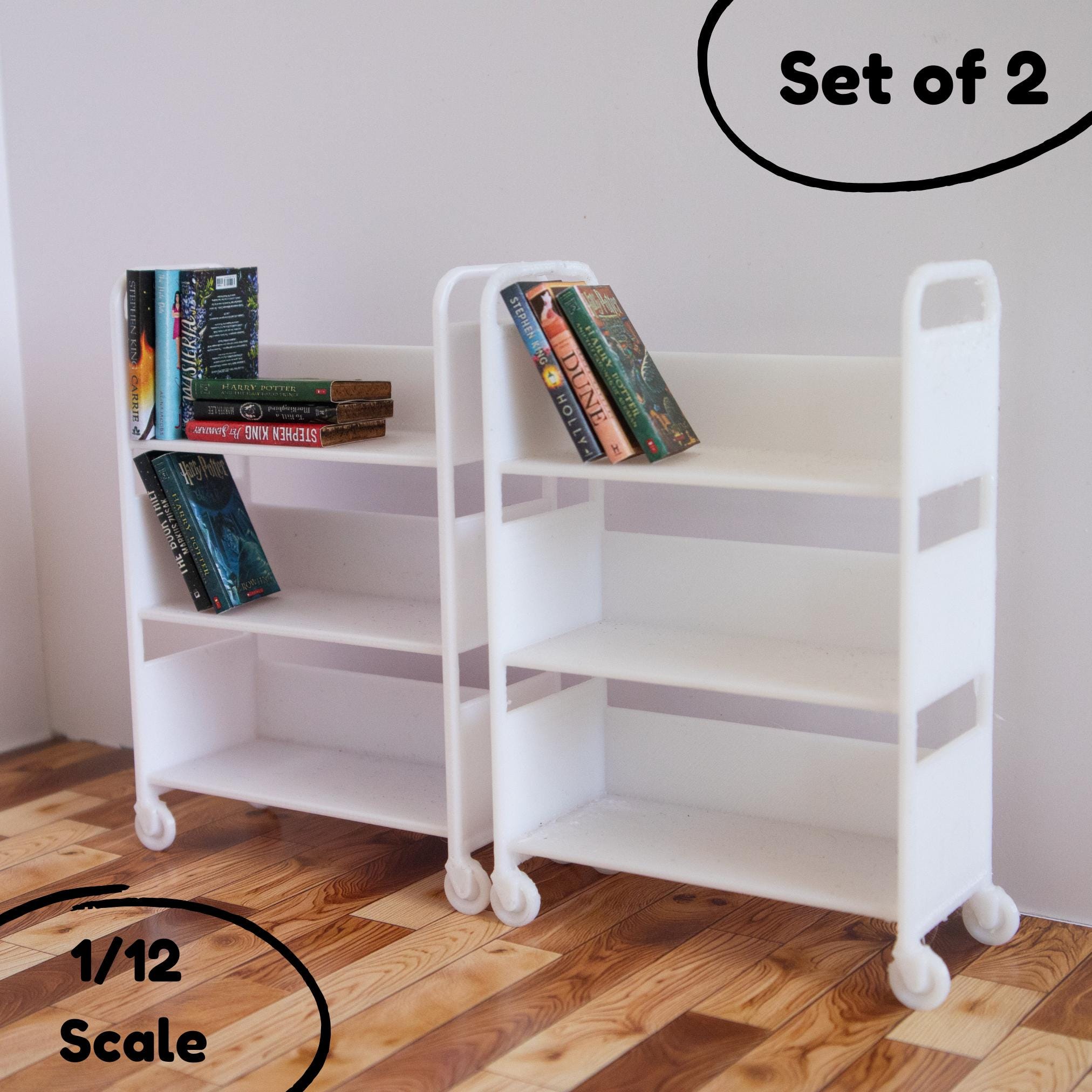 Miniature Library Cart - 3 Shelf Dollhouse Bookcase - 1:12 Scale (Set of 2)