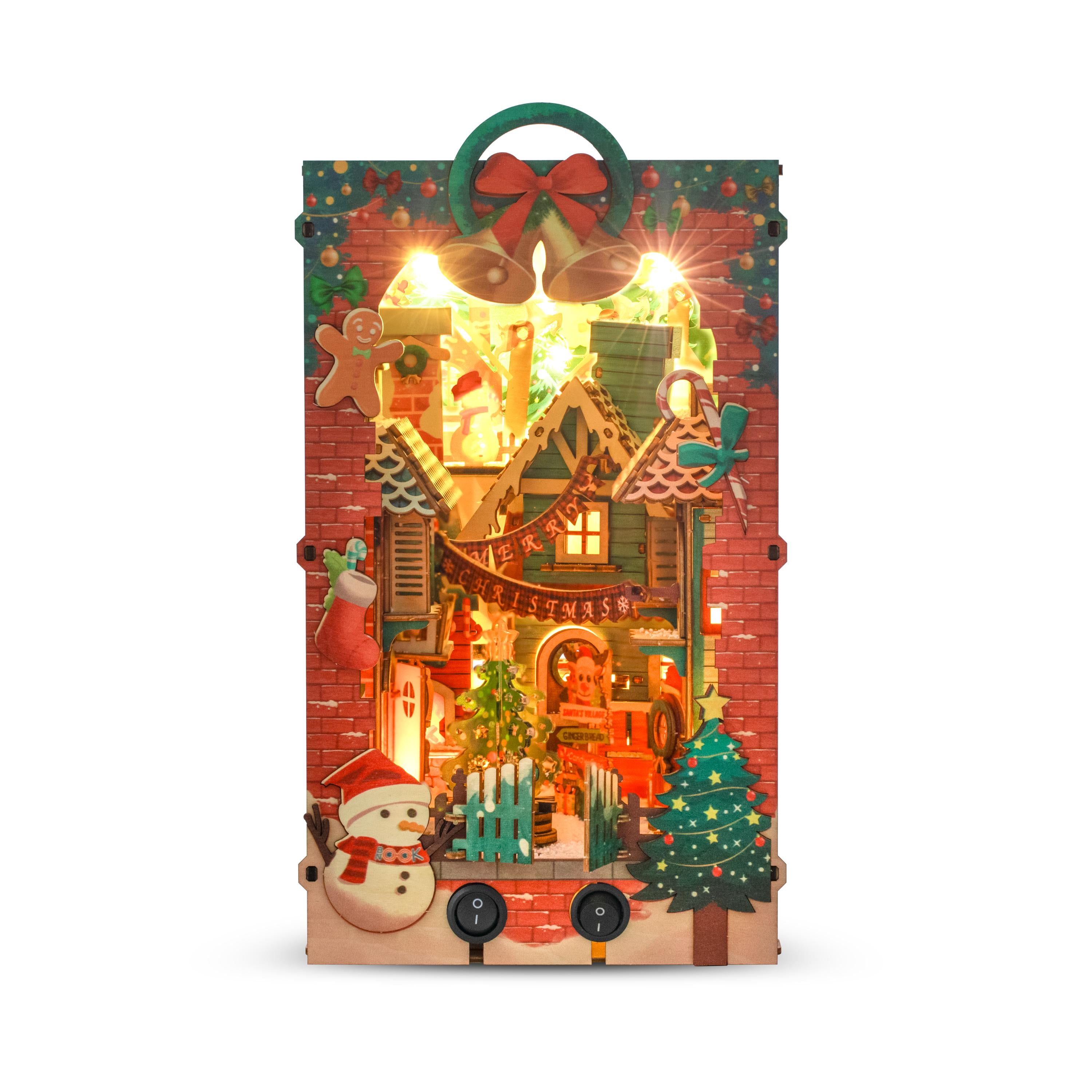 Christmas Night Book Nook | DIY Lighted Miniature Kit with Music & Moving Santa Sleigh | Holiday Bookshelf Decor Gift