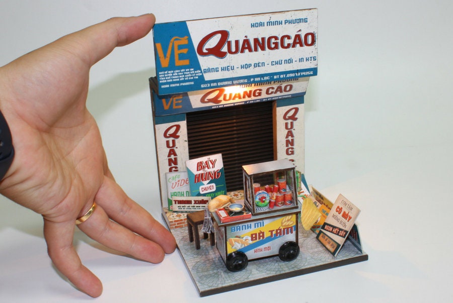 Combo Banh Mi Cart DIY Kit + Print Shop | 3D Wooden Puzzle | Travel Souvenir | Vietnam Collectible Set